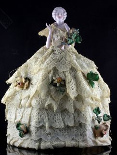 ANTIQUE MARIE ANTOINETTE DRESS WITH STONE FOWERS PIN CUSHION HALF DOLL 