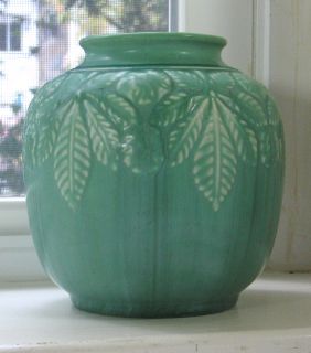 1944 Vtg Arts & Crafts Rookwood Pottery Vase 6632, Leaf Design Matte 