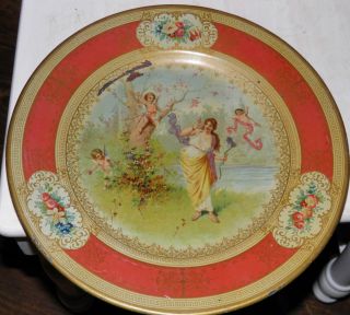 1900s Tin Vienna Art Plate Victorian Scene w Cupids