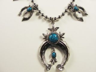 Vtg Art Arthur Pepper Signed Squash Blossom Silver Turquoise Necklace 