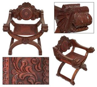 THE KINGS CHAIR Peru Artisan Hand Tooled Leather & Cedar Throne LION 