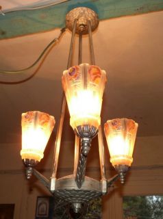 ANTIQUE FRENCH ART DECO CHANDELIER SUSPENSION LAMP LIGHTING FIXTURE 