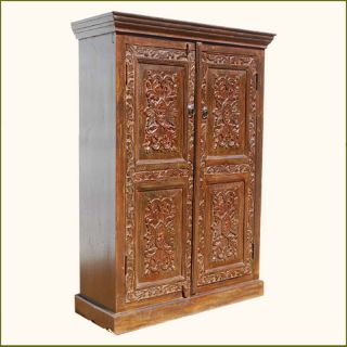 Solid Wood Hand Carved Storage Armoire Clothes Wardrobe Closet w 3 