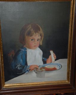 Antique 19th Century Oil Portrait Painting of Child Eating Breakfast 