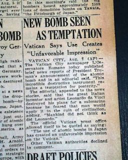 1945 Hiroshima Japan Atomic Bombing 1st WWII Newspaper