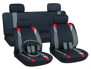 15pc Set Red Gray Black Auto Car Seat Covers + Steering Wheel Belt Pad 