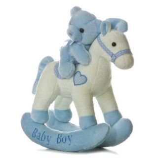 Aurora Baby 12 Plush Musical Wind Up BLUE Rocking Horse & Teddy Bear 