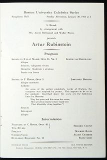 1966 Artur Rubinstein Piano Recital Program Classical Music Boston 