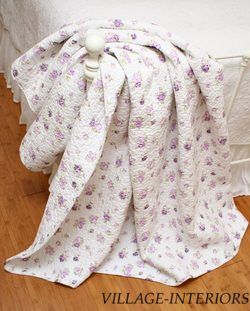 Lavender Purple Rose on White Chic Shabby Quilt Throw