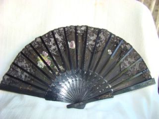 vintage black hand painted roses hand fan