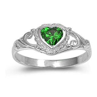 Sterling Silver Ring Size 5 Green CZ Heart Emerald Girl Child Womens 
