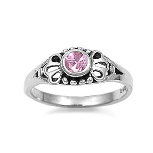 Sterling Silver Ring Size 4 Pink CZ Baby Girl Pinky or Toe Filigree 