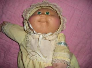 Vintage 80s 1985 Cabbage Patch Kids Green Eyed Baby Girl Yellow Dress 