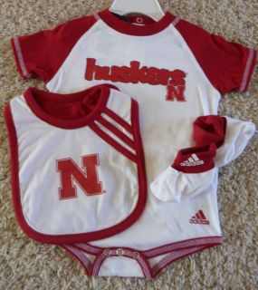 Baby University of Nebraska Creeper Set Bib Onesie Booties Huskers 3 6 