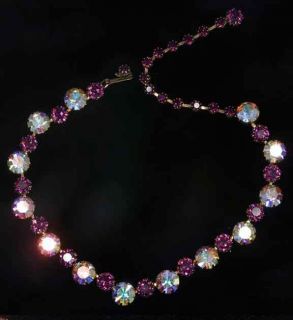   Signed Purple Prong Set Aurora Borealis Rhinestone Necklace
