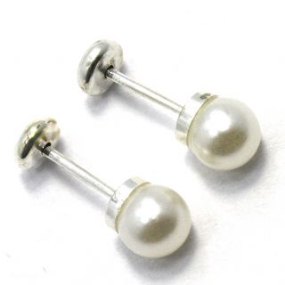 Sterling Silver 925 Baby Earrings White Pearl 5mm Teens Girl High 