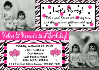 12 Zebra Print Pink Birthday Photo Invitations Twins