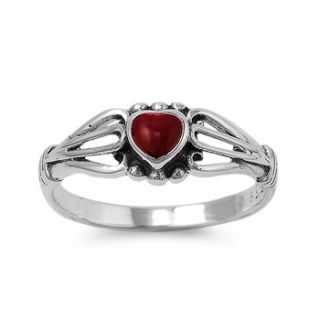 Sterling Silver Ring Size 7 Red Heart Coral Solitaire Womens Love 