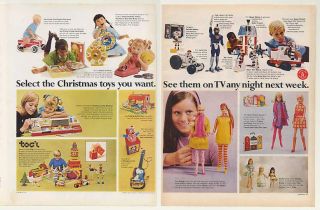 1968 Mattel Christmas Toys Barbie Dolls Hot Wheels 6 Page Ad