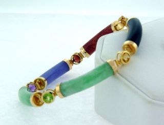Beautiful Solid 14k Yellow Gold Multi Colored Jade and Gemstone 