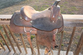 Roping Saddle Trophy Fully Tooled Western Cowboy Horse Tack Used 