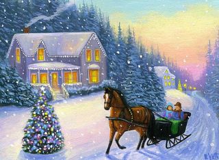 Horse Sleigh House Christmas Tree Winter Snow Landscape Original ACEO 
