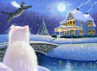 Cat Angel Christmas Tree House Moon Winter Landscape Original ACEO 