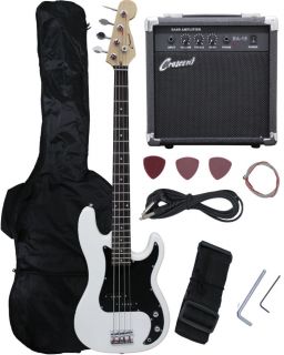 New Crescent White Electric Bass Guitar Combo Strap Gigbag 15W Amp 