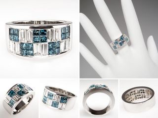 Blue & White Diamond Wide Band Ring 14K White Gold skuwm7861
