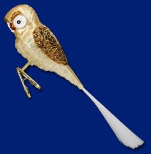 Barn Owl Old World Christmas Glass Brush Tail Clip on Owl Bird 