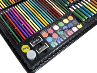 Closeup of Watercolor Cakes, Colored Pencils, Erasers & Sharpener