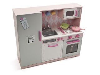 KidKraft Pink Argyle Kitchen Playset with 27 Piece Pastel Cookware Set