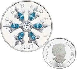 2007 canada $ 20 blue crystal snowflake silver coin from