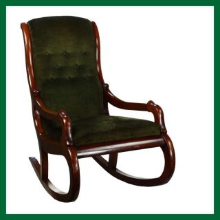 Victorian Antique Mahogany Green Upholstered Rocker Rocking Chair 