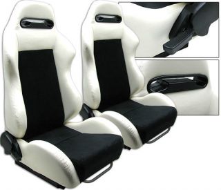 NEW 2 WHITE & BLACK RACING SEATS RECLINABLE W/ SLIDER ALL CHEVROLET 