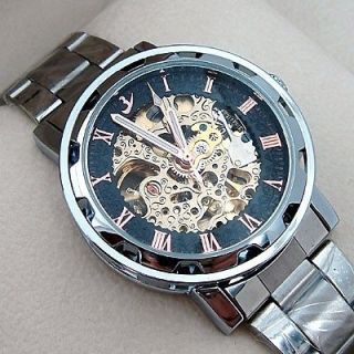 Mens Stainless Steel Skeleton Automatic Polish Watch Black Face Gift
