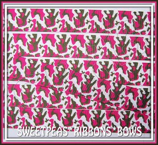 Girly Camo camouflage grosgrain ribbon 4 bows 5 yrd Shocking Pink 