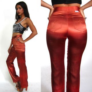 Vtg 70 High Waist Copper Rust Shiny Satin Disco Pants Jeans Skinny 