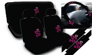 11pc Love Story Pink Hearts Black Complete Car Seat Cover Full Set STD