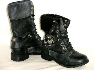 Girls Boys Unisex Lace Buckle Kids Combat Military*Fold Fur Flat Boots 