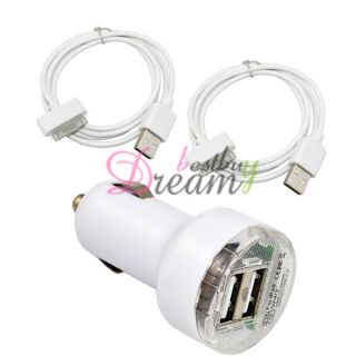Dual USB Port Car Charger Adapter+2 Cable for iPad 1/2 iPhone 4S/4/3GS 