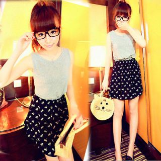 Korea Girls Faux 2 Pcs Sleeveless Tank Flower Mini Dress Casual Black 