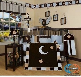 boutique brown blue star moon 13 pcs crib bedding set