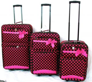 3PC BROWN W/ PINK POLKA DOT WHEELED EXPANDABLE LUGGAGE / SUIT CASE 