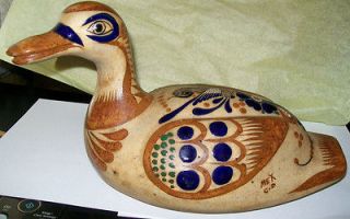Duck Mexican Pottery Large Figurine Signed Brown Blue Door Stop 