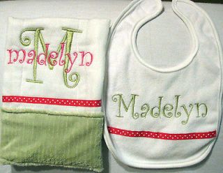 Bright Pink and Green Minky Personalized Embroidered Burp Cloth and 
