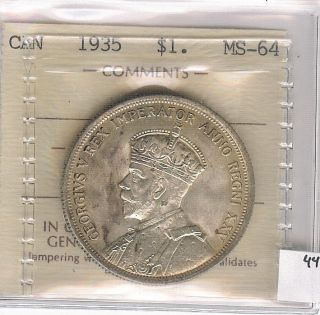 1935 CANADIAN SILVER DOLLAR IN MS 64 CONDITION GRADED BY ICCS #CP 276