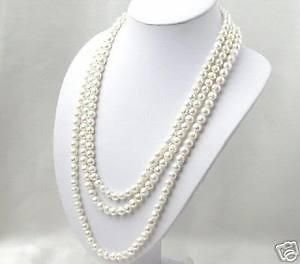 SUPER LONG 100 INCH 7 8MM WHITE AKOYA CULTURED PEARL NECKLACE