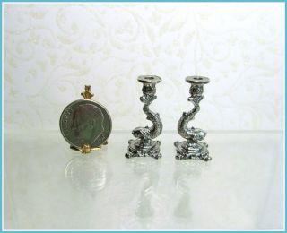 Dollhouse Miniature Thames Dolphin Candlesticks with Antique Silver 