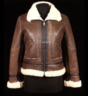 Ladies Aviator Vintage Brown Womens Real Shearling Sheepskin Leather 